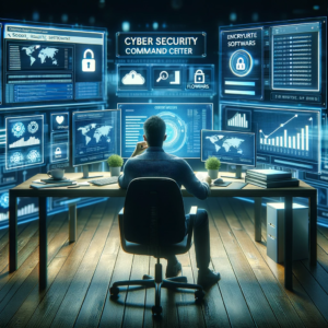 The image displays a person of South Asian descent seated at a secure, high-tech workstation. They are surrounded by multiple monitors that showcase various cybersecurity applications, firewalls, and streams of encrypted data. The individual is attentively examining a credit report and financial statements, which highlights the importance of vigilance against identity theft. The setting suggests a modern, digital command center, emphasizing the proactive steps taken to safeguard personal information in an online environment.