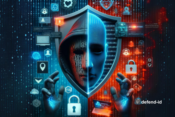 Depicting the multifaceted nature of technology, this image is a stark representation of cybersecurity. The upper half shows a protective digital realm with a clear, vibrant shield emblem set against a backdrop of intricate binary code. Realistic icons of encryption, facial recognition, and secure banking are interwoven with vividly rendered padlocks and streams of encrypted data, symbolizing robust digital defenses. A checkmark signifies secure verification, reinforcing the theme of safety.