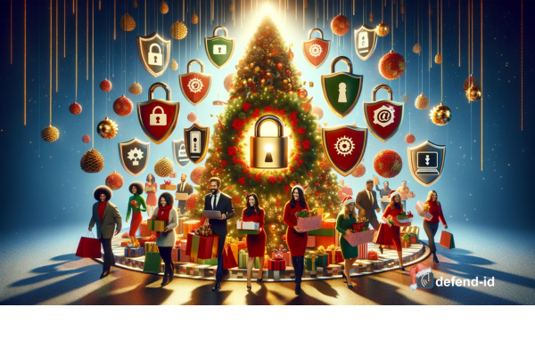 An imaginative and colorful scene depicting a secure and joyful holiday shopping experience. The image features a diverse group of people smiling and carrying shopping bags and gifts, standing near a beautifully decorated Christmas tree. They are surrounded by oversized, whimsical symbols of identity theft protection such as padlock icons, shields, antivirus software logos, and representations of strong passwords. The atmosphere is festive and safe, with a bright color palette of red, green, gold, and silver. The lighting is warm and inviting, adding a magical touch to the surreal and cartoonish tableau that creatively blends themes of holiday shopping, security, and happiness.