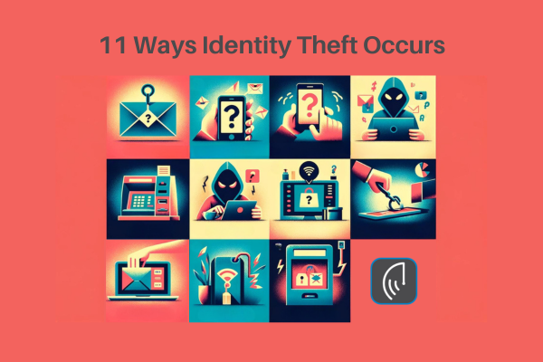 An image divided into 11 distinct sections, each representing a different method of identity theft, depicted without text or numbers, and using a specific color scheme