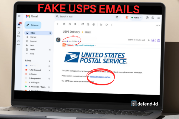Screenshot of a fraudulent email mimicking a USPS notification displayed on a laptop screen. The email subject line reads 'USPS Delivery.' The body contains a USPS logo, a message about incomplete address information, and a suspicious link. Key elements are circled in red to highlight the scam indicators. The image is labeled 'FAKE USPS EMAILS' at the top.