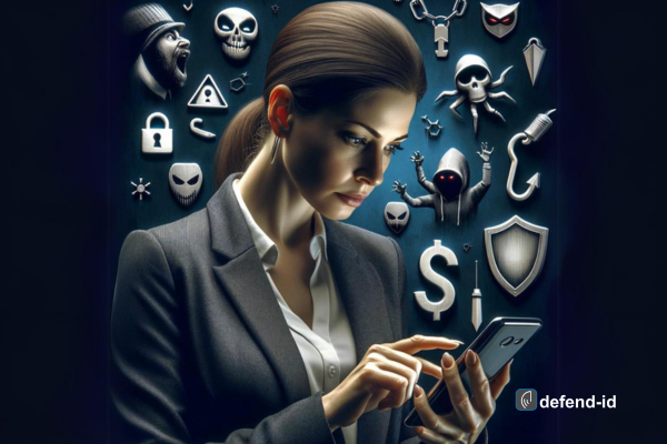 A person in business attire is engrossed in their smartphone, oblivious to the various symbols of digital threats surrounding them.