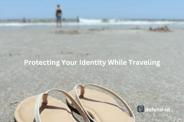 Close-up of sandals on a sandy beach with a person in the background by the ocean. Text overlay reads 'Protecting Your Identity While Traveling' with the Defend-ID logo