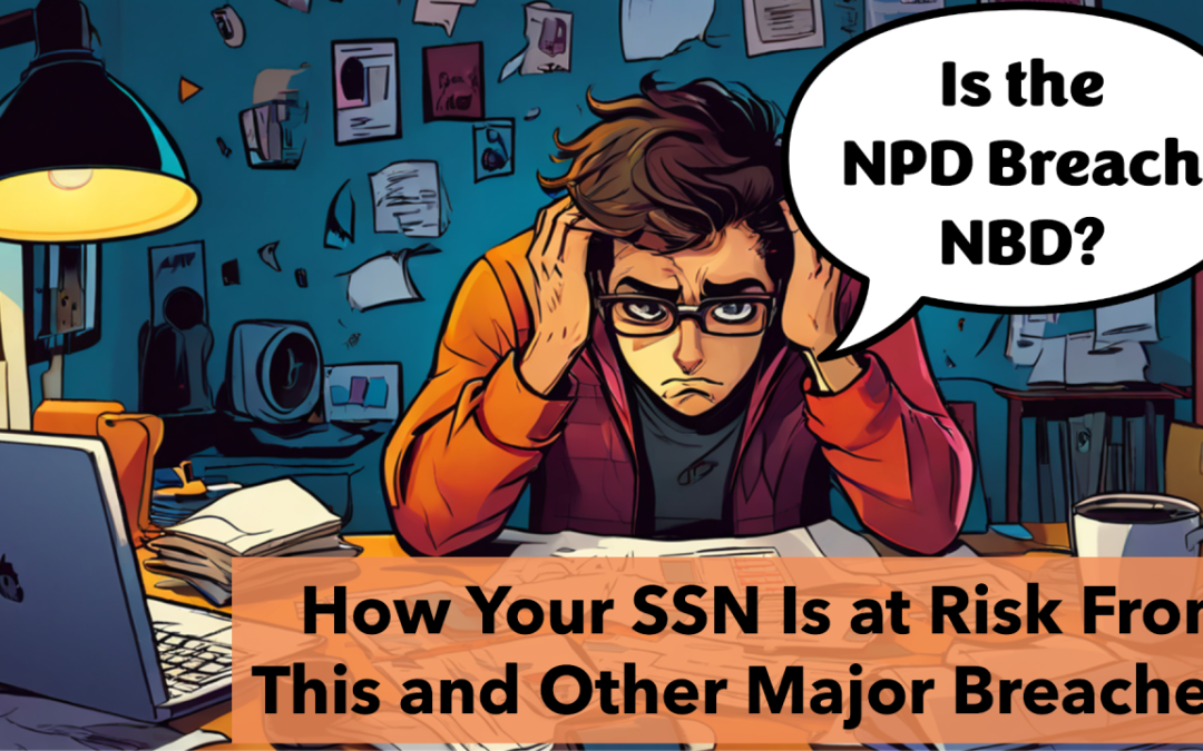 A worried person holding their head in a cluttered office, with a speech bubble asking, "Is the NPD Breach NBD?" and a caption below reading, How Your SSN Is at Risk From This and Other Major Breaches.