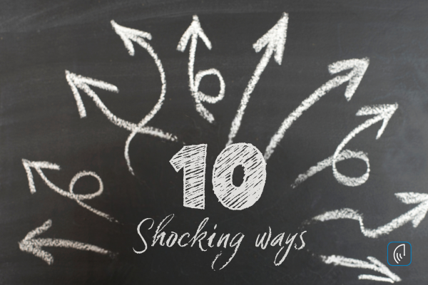 Chalkboard with arrows pointing outward, emphasizing the text '10 Shocking Ways,' representing various identity theft methods.