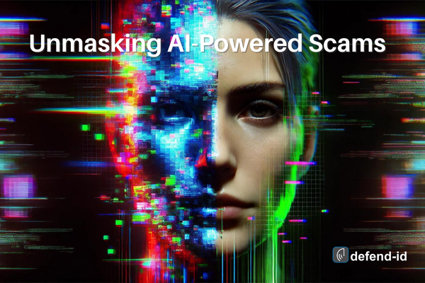 A human face glitching with vivid digital effects on one side, symbolizing AI manipulation. The image has the title 'Unmasking AI-Powered Scams' at the top and a small 'defend-id' logo in the bottom corner.