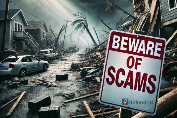 Devastated neighborhood after a hurricane with debris scattered around, damaged homes, and a prominent 'Beware of Scams' sign warning of fraud targeting disaster victims.