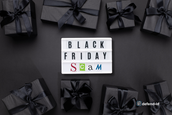 Black Friday Scam sign surrounded by black gift boxes symbolizing the dangers of online scams during the holiday shopping season.