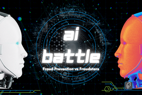 Futuristic AI battle illustration showing a face-off between a white AI bot representing fraud prevention and an orange AI bot symbolizing fraudsters, with digital elements and a cyber-themed background.