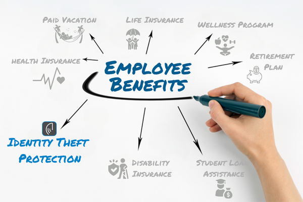 Diagram of employee benefits with ‘Employee Benefits’ at the center, connected to options like health insurance, retirement plan, paid vacation, and identity theft protection.